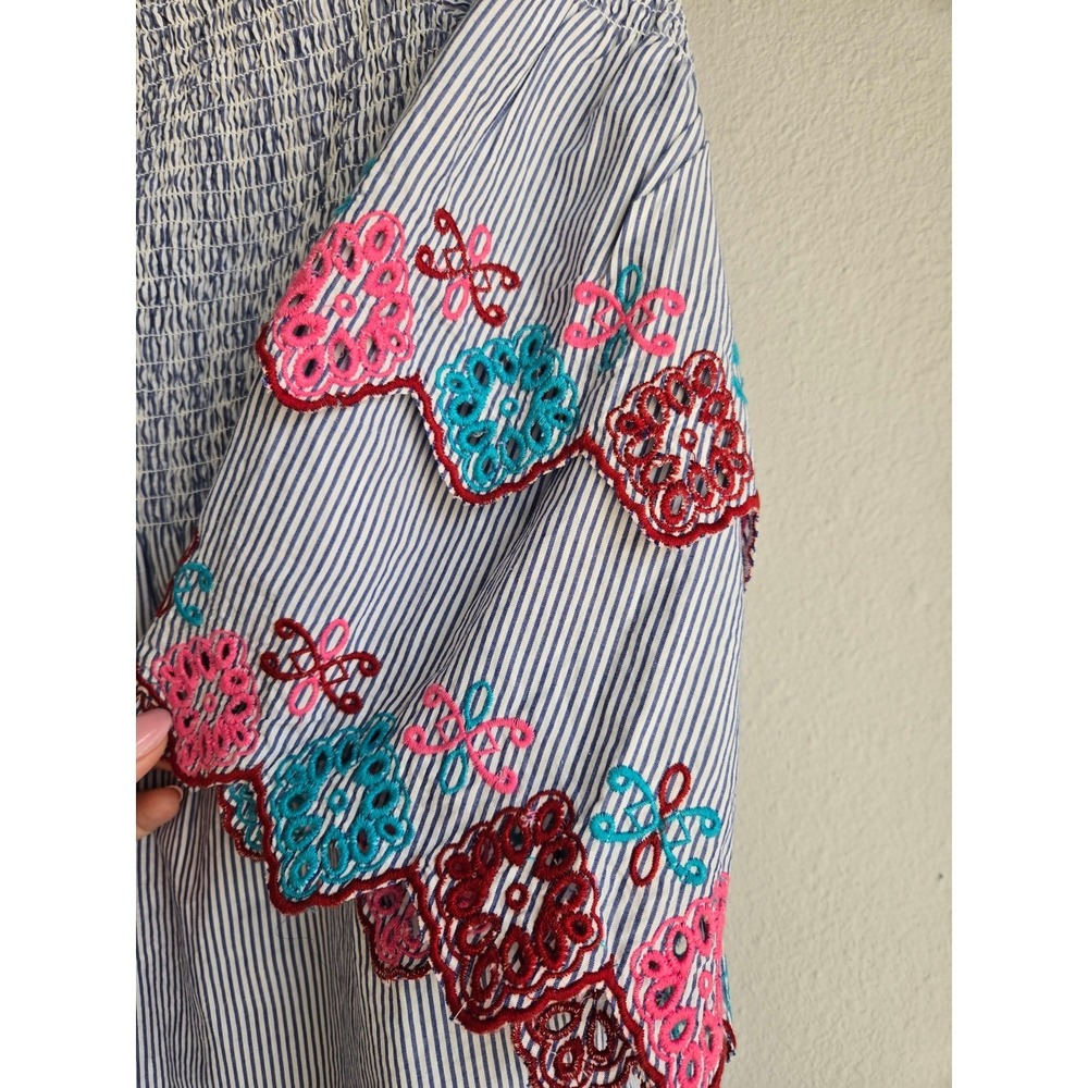 LOFT Boho Pinstripe Smocked Off Shoulder Embroidered Bell Sleeve Top S - Picture 3 of 9